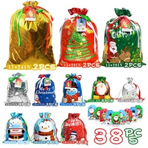 38PC Christmas Gift Bags with Colorful Drawstring |10 Seconds Wrapping Gift| Holiday Gift Bags Assorted Sizes Small Medium Large Jumbo, Xmas Gift Treat Bags with Tags for Party Favors Present Wrapping