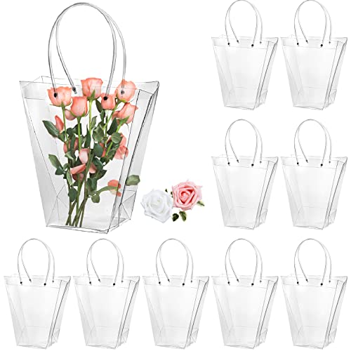 SOUJOY 10 Pack Clear Flower Bouquet Bags, Large Gift Bags with Long Handles, Party Floral Packing Wrap Bag for Valentine Day, Birthdays, Mother's Day, Father’s Day, Wedding, Anniversary, Housewarming