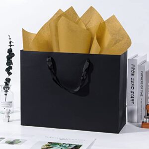 Katfort Large Black Gift Bag with Handles 12pcs, 16''×6''×12'' Extra Large Gift Bag with Ribbon Handles, Reusable Heavy Duty Kraft Black Paper Bags Bulk for Shopping, Wedding, Party, Gift, Retail