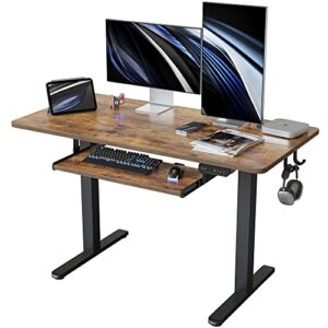 fezibo height adjustable electric standing desk with keyboard tray, 48 x 24 inches sit stand up desk with splice board, black frame/rustic brown top