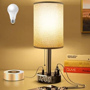gray nightstand light lampshade 6ft plug extension cord dual usb charging port ac outlet, cylinder desk lamp clock charger bedroom home dorm school office electric adapter socket reading work study