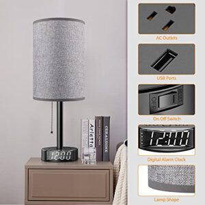 Gray Nightstand Light Lampshade 6ft Plug Extension Cord Dual USB Charging Port AC Outlet, Cylinder Desk Lamp Clock Charger Bedroom Home Dorm School Office Electric Adapter Socket Reading Work Study