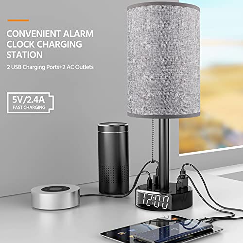 Gray Nightstand Light Lampshade 6ft Plug Extension Cord Dual USB Charging Port AC Outlet, Cylinder Desk Lamp Clock Charger Bedroom Home Dorm School Office Electric Adapter Socket Reading Work Study