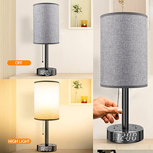 Gray Nightstand Light Lampshade 6ft Plug Extension Cord Dual USB Charging Port AC Outlet, Cylinder Desk Lamp Clock Charger Bedroom Home Dorm School Office Electric Adapter Socket Reading Work Study