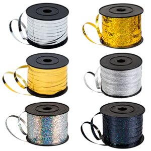 WRAPAHOLIC 6 Rolls Total 600 Yards Crimped Curling Ribbons - 5 MM x 100 Yards/Roll Balloon String Roll (Gold, Silver, Black) - for Christmas, Birthday, Party, Flowers Decoration, Arts and Crafts