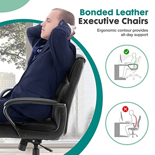 Executive Padded Mid-Back Home Office Desk Chair with Armrest, Adjustable Height Computer Chairs, 360-Degree Swivel, Leather, 250Lbs Capacity