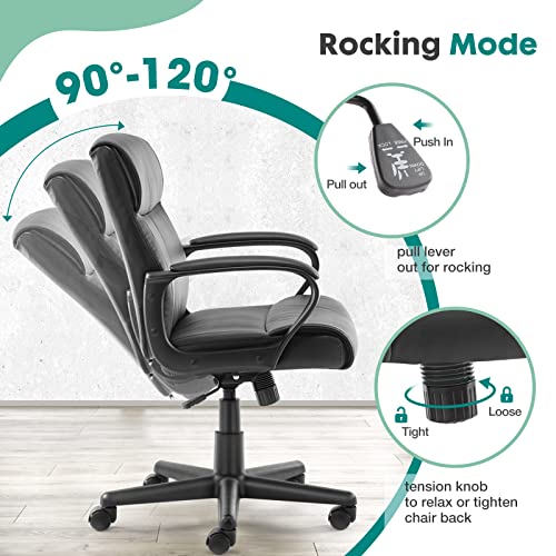 Executive Padded Mid-Back Home Office Desk Chair with Armrest, Adjustable Height Computer Chairs, 360-Degree Swivel, Leather, 250Lbs Capacity