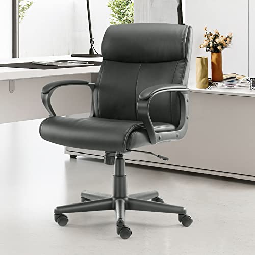 Executive Padded Mid-Back Home Office Desk Chair with Armrest, Adjustable Height Computer Chairs, 360-Degree Swivel, Leather, 250Lbs Capacity