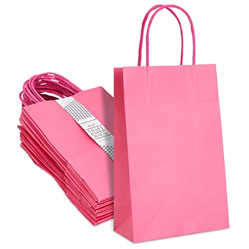 Sparkle and Bash 25 Pack Small Hot Pink Gift Bags with Handles, Bulk for Birthday Party Favors (5.45 x 9 x 3.15 In)