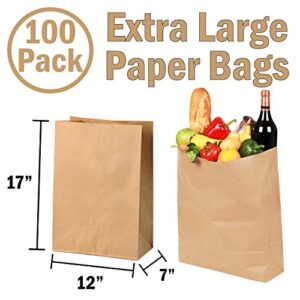 100 Large Paper Grocery Bags, 12x7x17 Kraft Brown Heavy Duty Sack for Recycling