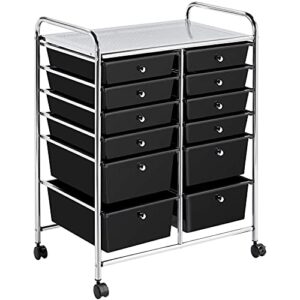 yaheetech 12 drawers rolling storage cart multipurpose movable organizer cart storage bin trolley tools scrapbook paper organizer on wheels, black