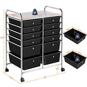 Yaheetech 12 Drawers Rolling Storage Cart Multipurpose Movable Organizer Cart Storage Bin Trolley Tools Scrapbook Paper Organizer on Wheels, Black