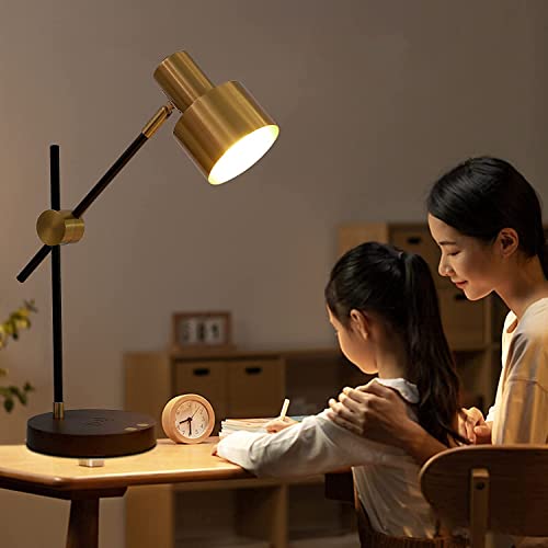 Yeefamons Desk Lamp with Wireless Charg and USB Port, Swing Arm,Brass Metal,Wood Bedside Nightstand Lights, Mid Century Modern Reading Lamp for Bedroom, Living Room, Office（5Watts Bulb Included）