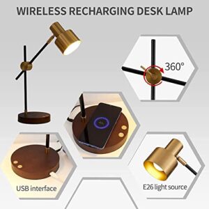 Yeefamons Desk Lamp with Wireless Charg and USB Port, Swing Arm,Brass Metal,Wood Bedside Nightstand Lights, Mid Century Modern Reading Lamp for Bedroom, Living Room, Office（5Watts Bulb Included）