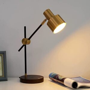 Yeefamons Desk Lamp with Wireless Charg and USB Port, Swing Arm,Brass Metal,Wood Bedside Nightstand Lights, Mid Century Modern Reading Lamp for Bedroom, Living Room, Office（5Watts Bulb Included）