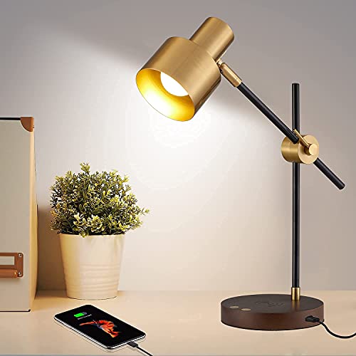 Yeefamons Desk Lamp with Wireless Charg and USB Port, Swing Arm,Brass Metal,Wood Bedside Nightstand Lights, Mid Century Modern Reading Lamp for Bedroom, Living Room, Office（5Watts Bulb Included）