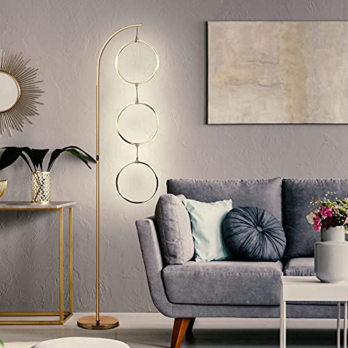 Brightech Nova Modern Floor Lamp - Contemporary Arc Tall Lamp with 3-Circle Ring-Style Pendant - Over The Couch Standing Lamp on Arching Pole - Eclectic Tall Lamp Matches Living Room Décor - Gold