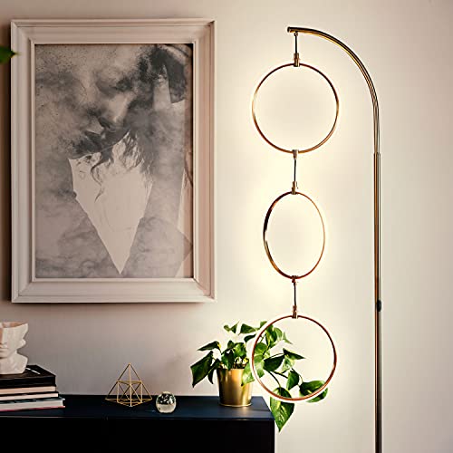 Brightech Nova Modern Floor Lamp - Contemporary Arc Tall Lamp with 3-Circle Ring-Style Pendant - Over The Couch Standing Lamp on Arching Pole - Eclectic Tall Lamp Matches Living Room Décor - Gold