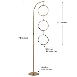 Brightech Nova Modern Floor Lamp - Contemporary Arc Tall Lamp with 3-Circle Ring-Style Pendant - Over The Couch Standing Lamp on Arching Pole - Eclectic Tall Lamp Matches Living Room Décor - Gold