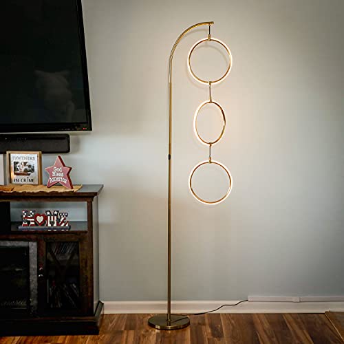 Brightech Nova Modern Floor Lamp - Contemporary Arc Tall Lamp with 3-Circle Ring-Style Pendant - Over The Couch Standing Lamp on Arching Pole - Eclectic Tall Lamp Matches Living Room Décor - Gold