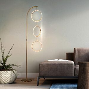 Brightech Nova Modern Floor Lamp - Contemporary Arc Tall Lamp with 3-Circle Ring-Style Pendant - Over The Couch Standing Lamp on Arching Pole - Eclectic Tall Lamp Matches Living Room Décor - Gold