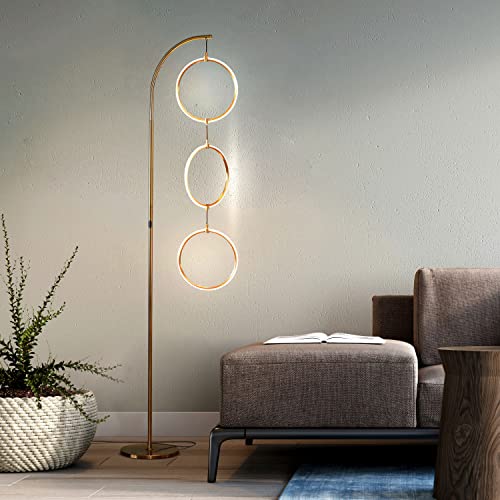 Brightech Nova Modern Floor Lamp - Contemporary Arc Tall Lamp with 3-Circle Ring-Style Pendant - Over The Couch Standing Lamp on Arching Pole - Eclectic Tall Lamp Matches Living Room Décor - Gold