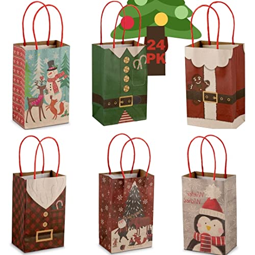 Plum Designs Small Christmas Gift Bags Bulk-24pcs Small Christmas Goodie Bags For kids,6 Styles Cute Christmas Paper Gift Bags Set- Party Favors Holiday Gift Bags Small Xmas Gift Bags 4”x6.5”x2.75