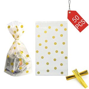 we moment clear cello bags for treat candy cookie party favor bags, plastic bags for bakery, cookies, candies chocolate,snack wrapping,for wedding shower kid’s birthday party,gold dot,50pcs