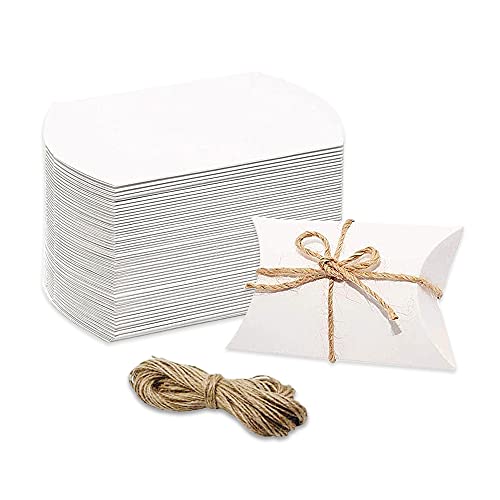 50 Pack Pillow Boxes for Gift, Pillow Candy Favor Box with Twines, Kraft Paper Gift Boxes for Wedding Party (White)