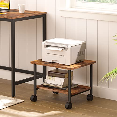 HOOBRO Industrial Printer Stand, 2-Tier Printer Cart with Storage, Under Desk Storage Cart on Wheels for Home and Office, Rustic Brown and Black BF02PS01