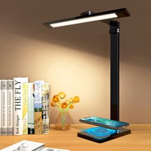 led desk lamp – desk lamp with wireless charger, usb charging port, eye-caring desk lamps for home office, 5 modes 7 brightness, touch control, 30/60 min timer, desk light for study