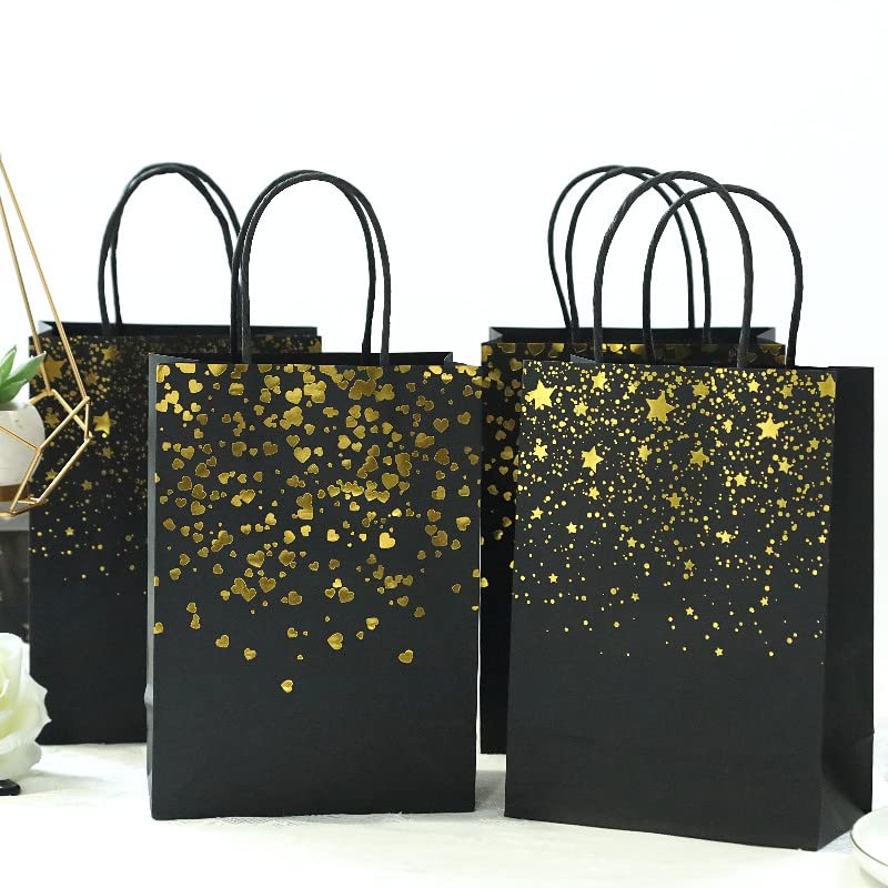 Sharlity Small Black Gold Gift Bags 24pcs Paper Bags with Handles for Birthday, Wedding, Bridal, Black and Gold Party Decorations (8.5 x 6.3 x 3.15inch)