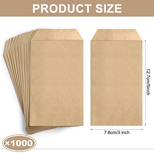 1000 Pack 3 x 5 Inches Kraft Paper Bags Mini Paper Bags Natural Brown Treat Bags Small Flat Favor Bag Silverware Bags Party Favor Bag Envelopes Merchandise Bags for Cookie Snacks Candy Small Gift