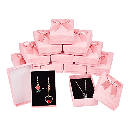 PH PandaHall 12pcs 3.6x2.4 Cardboard Paper Gift Cases, Pink Gift Packaging Boxes JewelryGift Boxes with Sponge Pad and Ribbon Bowknot for Jewelry Packaging BoxValentine's Day