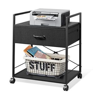 devaise mobile printer stand with storage drawer, vintage fabric file cabinet printer cart for home office, black