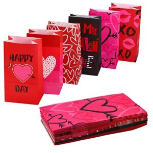 ecoptimize pink red party favor and wrapped treat bags – 6 design (30 ct, heart design) small gift bags for valentines day, birthday, baby showers, crafts and care packages, may day
