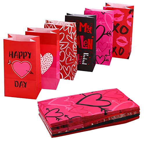 ECOptimize Pink Red Party Favor and Wrapped Treat Bags - 6 Design (30 Ct, Heart Design) Small Gift Bags for Valentines Day, Birthday, Baby Showers, Crafts and Care Packages, May Day