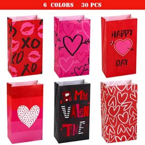 ECOptimize Pink Red Party Favor and Wrapped Treat Bags - 6 Design (30 Ct, Heart Design) Small Gift Bags for Valentines Day, Birthday, Baby Showers, Crafts and Care Packages, May Day