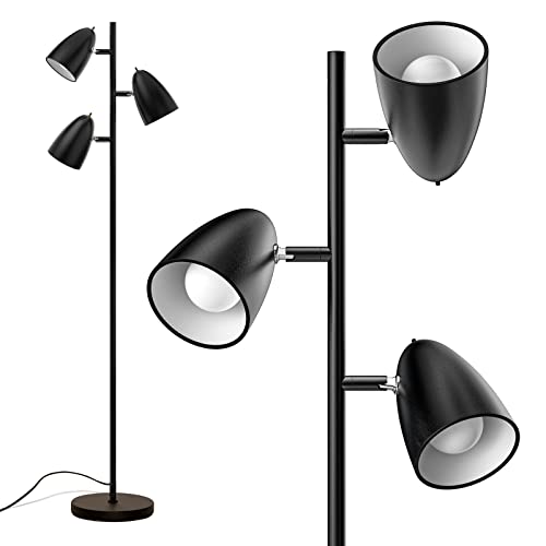 addlon Tree Floor Lamp with 3 Adjustable Rotating Lights and Matching LED Bulbs, Standing Tall Pole Lamps for Living Room, Bedroom, Home, Office - UL Listed, Black