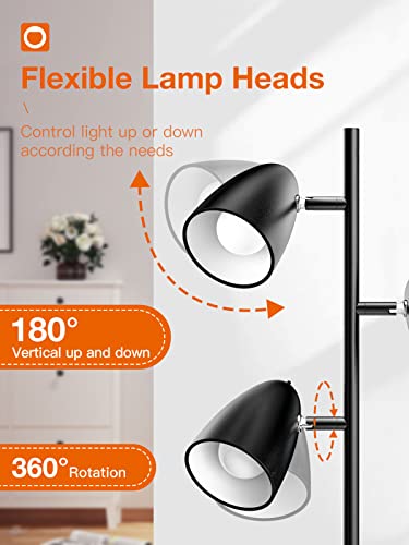 addlon Tree Floor Lamp with 3 Adjustable Rotating Lights and Matching LED Bulbs, Standing Tall Pole Lamps for Living Room, Bedroom, Home, Office - UL Listed, Black