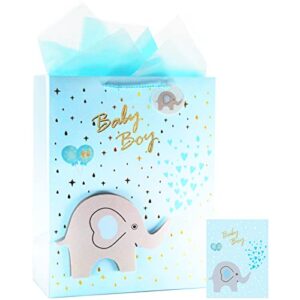 cuterui gifted 16.5″ extra large boy gift bags with 3d elephant patch for baby shower with tissue paper and greeting card (blue baby boy)