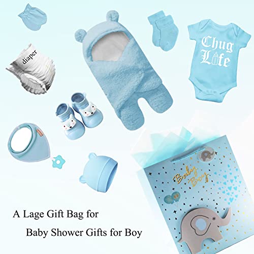 CUTERUI GIFTED 16.5" Extra Large Boy Gift Bags with 3D Elephant Patch for Baby Shower with Tissue Paper and Greeting Card (Blue Baby boy)