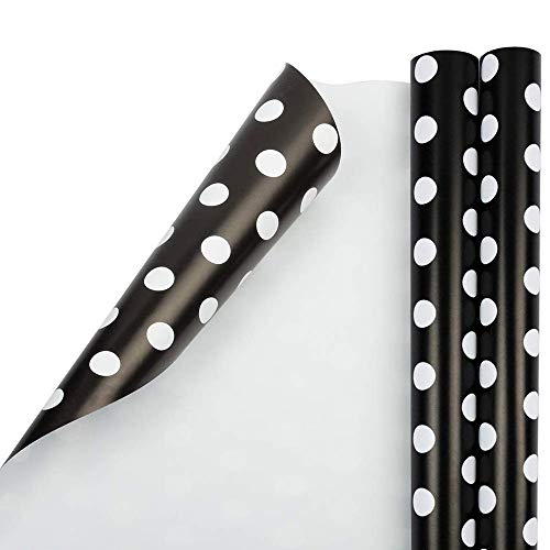 JAM Paper Gift Wrap - Polka Dot Wrapping Paper - 50 Sq Ft Total - Black with White Dots - 2 Rolls/Pack