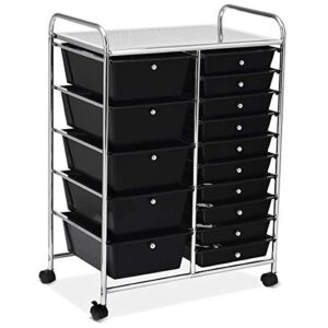 relax4life storage drawer carts w/15-drawer,rolling wheels semi-transparent multipurpose mobile rolling utility cart for school, office, home, beauty salon storage organizer cart (black)
