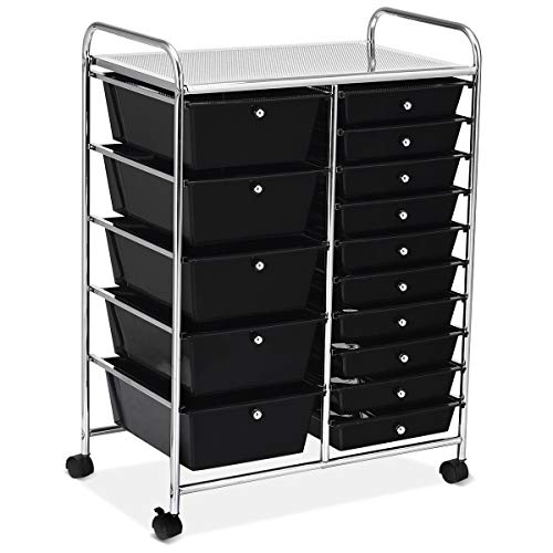 RELAX4LIFE Storage Drawer Carts W/15-Drawer,Rolling Wheels Semi-Transparent Multipurpose Mobile Rolling Utility Cart for School, Office, Home, Beauty Salon Storage Organizer Cart (Black)