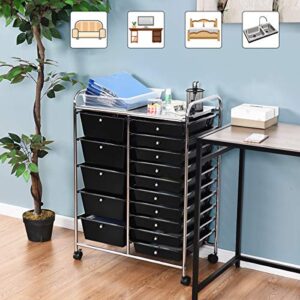 RELAX4LIFE Storage Drawer Carts W/15-Drawer,Rolling Wheels Semi-Transparent Multipurpose Mobile Rolling Utility Cart for School, Office, Home, Beauty Salon Storage Organizer Cart (Black)