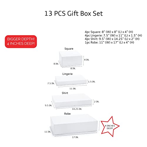 MOMONI 13 Piece Gift Boxes with Lids of Assorted Sizes with 4 inch Deep Robe Boxes and 8x8x4 Gift Box- Wrapping Boxes Set Christmas Gift Boxes for Wrapping Christmas Gifts, Bridesmaid Proposal, Birthday, Holiday, Wedding (WHITE)