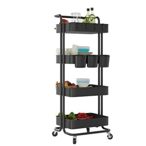 devo 4 tier utility rolling cart, heavy duty storage cart, with handle, 4 side hooks, 2 storage cups and lockable wheels, organizer cart for bathroom kitchen office classroom, black