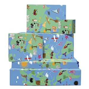 central 23 world map wrapping paper – kids wrapping paper – 6 sheets blue gift wrap – animals – birthday wrapping paper for boys girls – baby shower – recyclable