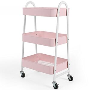 3-tier utility rolling cart with large storage and metal wheels for office,kitchen,bedroom,bathroom,black,pink,white